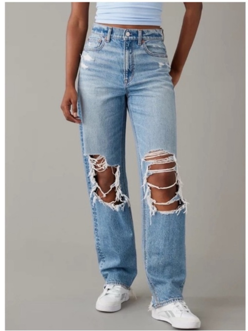 American Eagle Tall Highest Rise Baggy Straight Jeans Distressed Light Denim 4L